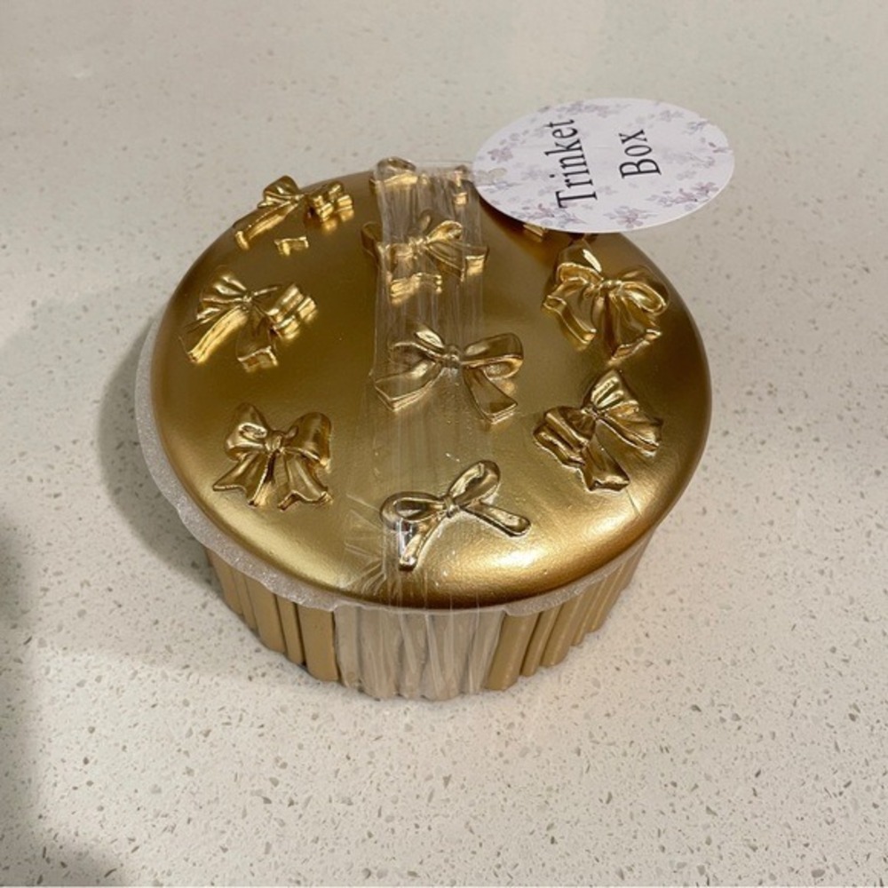 NEW Gold Bow Trinket Box Round Ribbed Metallic Jewelry Keepsake‎ Decorative Case